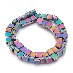 Rainbow Plated Electroplate Non-magnetic Synthetic Hematite Bead Strands, Frosted, Grooved, Square, Multi-color Plated, 8x8x5mm, Hole: 1.5mm, about 54pcs/strand, 16.7 inch(42.5cm)