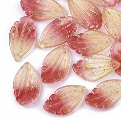 DeepPink Двухцветные прозрачные стеклянные подвески, с блеском порошок, матовые, лист, светло-вишневый, 22.5x12.5x4.5 мм, отверстие : 1 мм