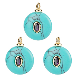 Синтетическая Бирюза 3Подвески из искусственной бирюзы шт., плоские круглые подвески с латунной микрофиброй и фианитами, реальный 18 k позолоченный, без кадмия и без свинца, стойки покрытие, долговечный, 21x16x6.5 мм, отверстие : 2.5 мм