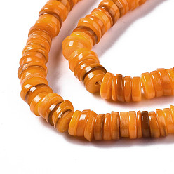 Coral Natural Freshwater Shell Beads Strands, Dyed, Flat Round/Disc, Heishi Beads, Coral, 6x6x1~2.5mm, Hole: 1mm, about 201~208pcs/strand, 15.20~15.43 inch(38.6~39.2cm)