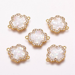 Golden Brass Micro Pave Cubic Zirconia Links, with Freshwater Shell, Clover, Golden, 15x20x2.5mm, Hole: 1mm
