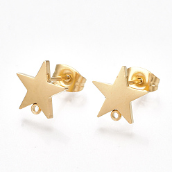 Золотой Ионное покрытие (ip) 304 детали серьги-гвоздики из нержавеющей стали, с петлей и плоской пластиной, ушные орехи / серьги спины, звезда, реальный 18 k позолоченный, 9.5x10 мм, отверстие : 1 мм, штифты : 0.8 мм