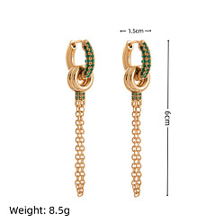 Golden Brass Micro Pave Cubic Zirconia Chain Tassel Hoop Earrings for Women, Golden, 60x15mm