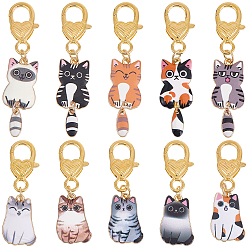 Mixed Color 10Pcs Alloy Enamel Pendant Decorations, Cat Shape, with Alloy Lobster Claw Clasps, 53~66mm