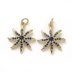 Черный Латунные микро-паве синие подвески с фианитом, с прыжковых колец, цветок, золотые, 20x18x4 мм, отверстие : 3 мм