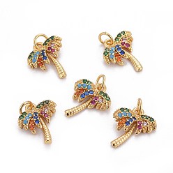 Golden Brass Micro Pave Cubic Zirconia Charms, with Jump Rings, Coconut Tree, Colorful, Golden, 12x10.5x2.5mm, Hole: 2mm