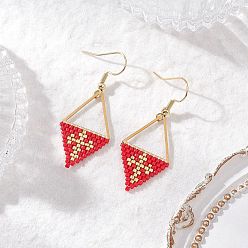 Красный Серьги-подвески из ромбовидного бисера ручной работы, с 304 нержавеющей стали серьги крючки, ромб, золотые, красные, 47x19 мм