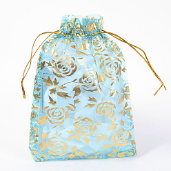 Light Sky Blue Rose Printed Organza Bags, Gift Bags, Rectangle, Light Sky Blue, 18x13cm