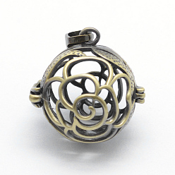 Brushed Antique Bronze Brass Rack Plating Cage Pendants, For Chime Ball Pendant Necklaces Making, Lead Free & Cadmium Free, Flower, Brushed Antique Bronze, 23.5x23.5x20mm, Hole: 4x7mm, Inner: 17mm