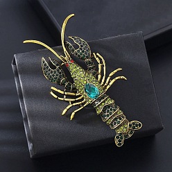 Античное Золото Сплав горный хрусталь брошь, изысканные булавки для лацканов одежды, омар, античное золото , 96.5x49.5 мм