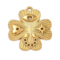 Настоящее золото 18K 304 подвески из нержавеющей стали, подвеска в виде листа клевера с подвеской в виде звезды с сердечком вместо глаз, ионное покрытие (ip), долговечный, реальный 18 k позолоченный, 32x30x3 мм, отверстие : 2.5x2 мм