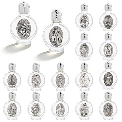 Antique Silver 16Pcs 16 Styles Glass Empty Holy Water Bottles for Religious, with Rose Zinc Alloy Cap, Antique Silver, 4.35~4.5x2.2~2.45x6.7cm, Capacity: 15ml(0.51fl. oz), 1pc/style