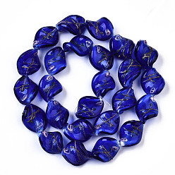 Blue Handmade Gold Sand Lampwork Beads, Twist, Blue, 20~21x15~16x8~10mm, Hole: 1~1.4mm