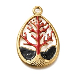 Красный Ионное покрытие (ip) 304 подвески из нержавеющей стали с эмалью, реальный 18 k позолоченный, капля с амулетом «Древо жизни», красные, 36x24x3 мм, отверстие : 2.4 мм