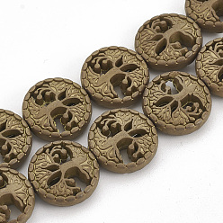 с Покрытием Меди Гальванизировать немагнитных синтетический гематит бисер пряди, матовый стиль, плоские круглые с дерева жизни, с медным покрытием, 12~12.5x4~4.5 мм, отверстие : 1 мм, около 32 шт / нитка, 15.74 дюйм
