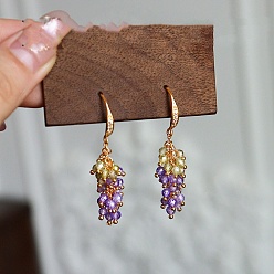 Golden Brass Micro Pave Cubic Zirconia Dangle Earrings, Grape, Golden, 46.3x8mm
