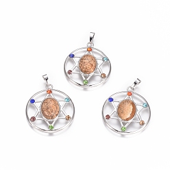 Пейзажный Джаспер Стиль чакр, естественного изображения яшмы подвески, с платиновым тоном латуни и горный хрусталь, плоские круглые со звездой, 38.5x34x8.5 мм, отверстие : 7x4 мм