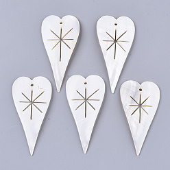 Ivoire Coquille d'eau douce gros pendentifs, coeur avec l'étoile, blanc crème, 68.5~73x35~36x3mm, Trou: 2.5mm