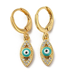 Dark Turquoise Golden Brass Dangle Leverback Earrings, with Enamel and Cubic Zirconia, Evil Eye, Dark Turquoise, 28x6mm