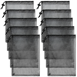 Черный 10 шт. нейлоновые сетчатые сумки для хранения, мешочки для упаковки на шнурке, прямоугольные, чёрные, 29.5x20x0.3 см