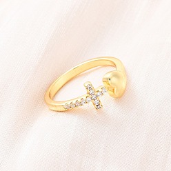 Настоящее золото 18K Латунные кольца-манжеты с микропаве и прозрачным цирконием для женщин, сердце и крест, стойки покрытие, без кадмия и без свинца, прочное покрытие, реальный 18 k позолоченный, внутренний диаметр: 17 мм