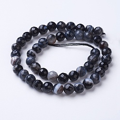 Black Natural Striped Agate/Banded Agate Beads Strands, Dyed & Heated, Faceted, Grade A, Round, Black, 8mm, Hole: 1.2mm, about 47pcs/strand, 14.9 inch(38cm)