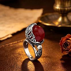 Red Zinc Alloy Resin Finger Rings for Women, Feather, Antique Silver, Red, 40x15mm, Inner Diameter: 18mm