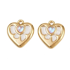 Настоящее золото 18K 304 нержавеющей стальной эмали подвески, подвески в виде сердца с бантом, со стеклом, ионное покрытие (ip), реальный 18 k позолоченный, 17x16x4 мм, отверстие : 1.8 мм