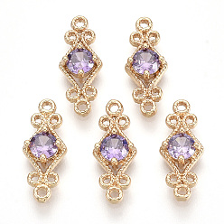 Фиолетовый Золотистые соединители из латуни, без никеля , со стеклом, ромб, фиолетовые, 16x6.5x3.5 мм, отверстие : 1 мм