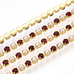 Garnet Brass Rhinestone Strass Chains, with ABS Plastic Imitation Pearl, Rhinestone Cup Chain, Grade A, Raw(Unplated), Garnet, 2x2mm, 4000pcs rhinestone/bundle, about 32.8 Feet(10m)/bundle