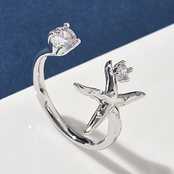 Платина Манжеты из латуни с микро паве кубический цирконий для женщин, морская звезда, долговечный, стойки покрытие, без свинца и без кадмия, платина, 16 мм, размер США 9 3/4 (19.5 мм)