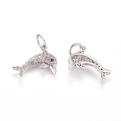 Platinum Brass Charms, with Micro Pave Cubic Zirconia and Jump Rings, Dolphin, Clear & Black, Platinum, 10x14x3.5mm, Hole: 3.5mm