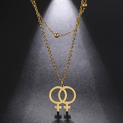Golden 304 Stainless Steel Pendant Double Layer Necklaces, Female Symbol, Golden, 17.72 inch(45cm)
