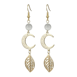 Golden Brass Moon & Leaf Dangle Earrings, Long Drop Earrings with Glass Beaded, Golden, 75x16.5mm