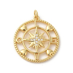 Настоящее золото 18K Стойка металлическая латунная микропрофилированная кубическая циркония подвески, Перейти кольцо, без свинца и без кадмия, плоские круглые со звездой, реальный 18 k позолоченный, 27x24.5x3 мм, отверстие : 3 мм