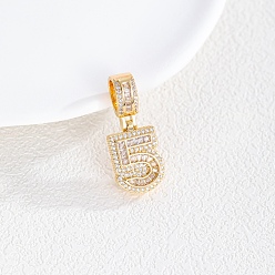 Number Европейские подвески из латуни с прозрачным кубическим цирконием, фигурные подвески с большими отверстиями, золотые, число 5, 20.5x13.5x4 мм, отверстие : 8x5 мм