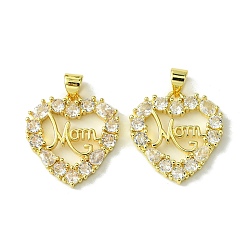 Настоящее золото 18K Подвески из латуни с микро паве ко Дню матери, прозрачные подвески с кубическим цирконием, без кадмия, без никеля и без свинца, сердце со словом мама, реальный 18 k позолоченный, 21x20x3 мм, отверстие : 5x3.5 мм