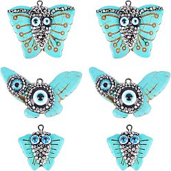 Turquoise 6Pcs 3 Style Synthetic Turquoise Pendants, with Polymer Clay Rhinestones, Evil Eye Resin and Gunmetal Iron Loop, Dyed, Butterfly, Turquoise, 2pcs/style