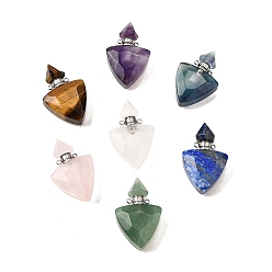 Смешанные камни Подвески для флаконов духов из натуральных смешанных камней, с 304 фурнитурой из нержавеющей стали, граненые, треугольник прелести, цвет нержавеющей стали, 39~40x25x11~12 мм, отверстие : 1.9 мм