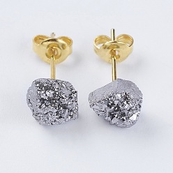 с Платиновым Покрытием Компоненты латунь стержня уха, С естественным друзом агатом, самородки, с покрытием платиным, 6~9x5~8.5x3~7 мм , штифт: 0.7 мм