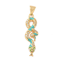 Бирюза Латунные микропроволочные кубические циркониевые подвески из эмали, змея, реальный 18 k позолоченный, бирюзовые, 27.5x9x4 мм, отверстие : 4x5 мм