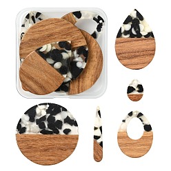 Mixed Color 10Pcs 5 Style Resin & Walnut Wood Pendants, Flat Round & Teardrop with Spot, Mixed Color, 17.5~49x7.5~31.5x3~4mm, Hole: 2mm, 2pcs/style