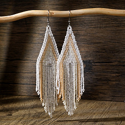 Серый Серьги-кисточки из бисера ручной работы из богемного стекла, платина, серые, 140x38 мм