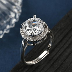 Прозрачный 925 Кольца из стерлингового серебра с микропаве из кубических цирконий, плоско-круглые, платина, прозрачные, 13 мм, размер США 7 1/4 (17.5 мм)