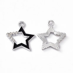 Black Alloy Rhinestone Pendants, Enamel Style, Star Charm, Platinum, Black, 21.5x19x2.5mm, Hole: 2mm