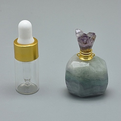 Fluorite Natural Fluorite Openable Perfume Bottle Pendants, with Brass Findings and Glass Essential Oil Bottles, 39~50x26~29x16~21mm, Hole: 1.2mm, Glass Bottle Capacity: 3ml(0.101 fl. oz), Gemstone Capacity: 1ml(0.03 fl. oz)