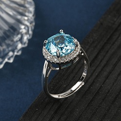 Небесно-голубой 925 Кольца из стерлингового серебра с микропаве из кубических цирконий, плоско-круглые, платина, голубой, 13 мм, размер США 7 1/4 (17.5 мм)