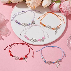 Mixed Color Natural Dyed White Jade Braided Bead Bracelets, Adjustable Heart Alloy Link Bracelets for Women, Mixed Color, Inner Diameter: 3/4~3-3/8 inch(8.5cm)