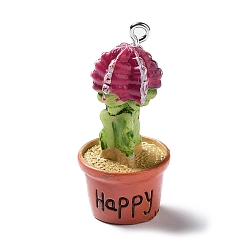 Зеленый лайм Подвески из смолы в горшке с кактусом и зеленым растением, Подвески-кактусы с металлическими петлями с платиновым покрытием, зеленый лайм, 38x17.5 мм, отверстие : 1.8 мм