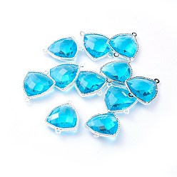 Темно-Голубой Соединители стеклянные ссылки, с фурнитурой Berzel с открытой спиной из экологически чистого сплава, граненые, треугольные, серебряный цвет гальваническим, глубокое синее небо, 24x19x7 мм, отверстие : 1.5 мм